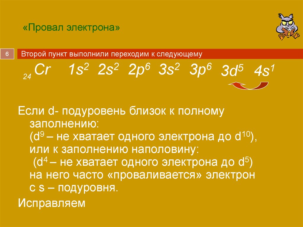 Электрон 1 6 10. Провал электрона электронная формула. Электронная конфигурация меди провал электрона. Провал проскок электрона. Конфигурации с провалом электрона.