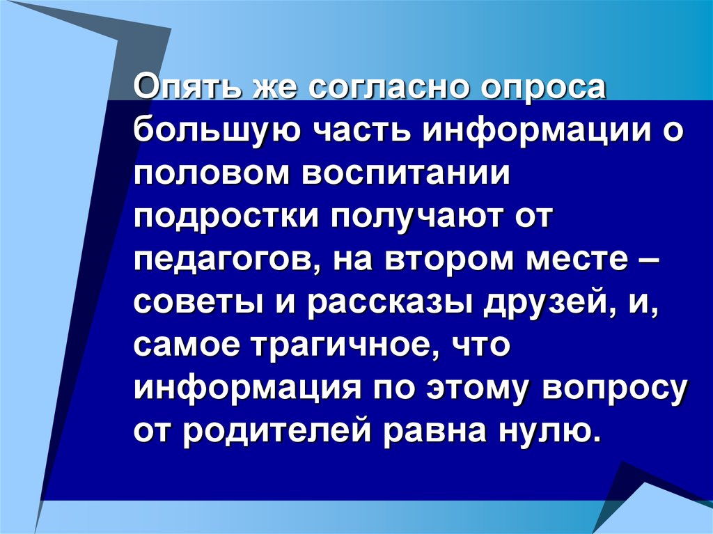 Опять же согласно опроса большую часть информации о половом воспитании подростки получают от педагогов, на втором месте – советы и расска