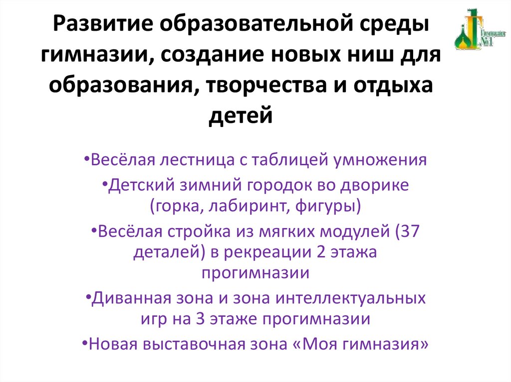 Развитие образовательной среды гимназии, создание новых ниш для образования, творчества и отдыха детей