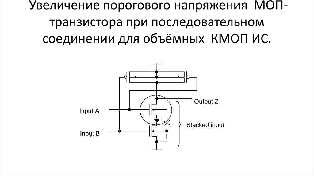 Увеличение порогового напряжения МОП-транзистора при последовательном соединении для объёмных КМОП ИС.