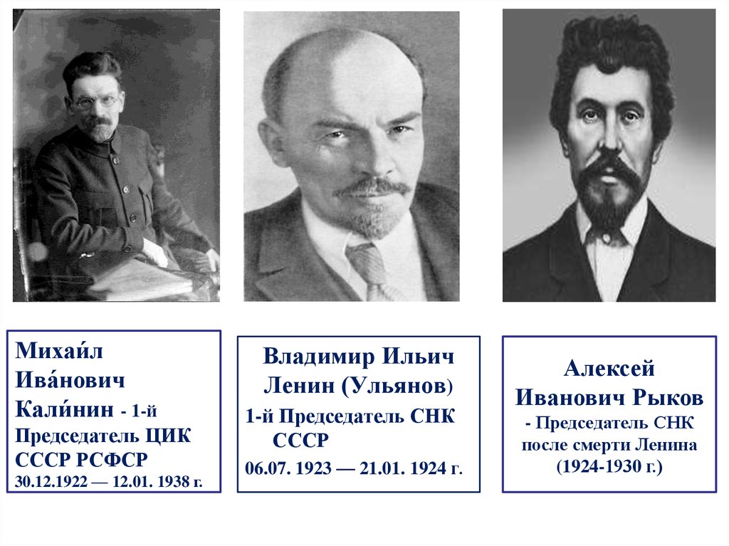 Ленин образование. Калинин Михаил Иванович ЦИК СССР. Председатель ЦИК СССР 1922-1938. Совет народных Комиссаров Рыков. Председатель СНК 1923-1924.