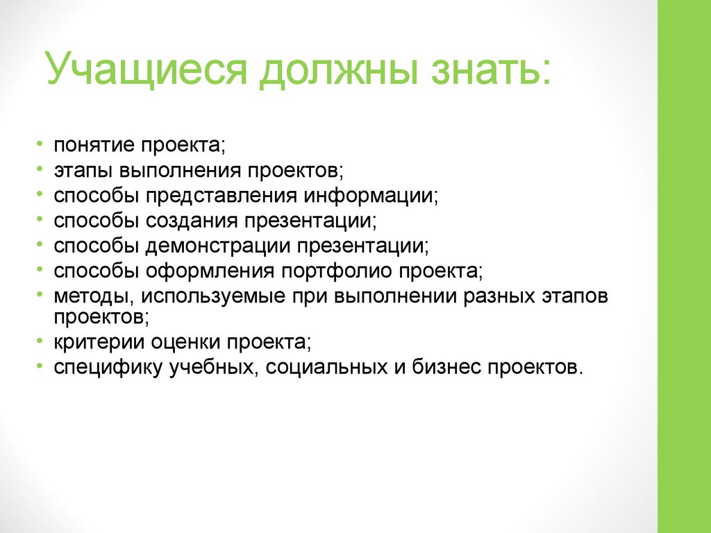 Знать понятия. Способы презентации проекта. Способы оформления проекта. Методы создания проекта портфолио. Этапы проекта по обществознанию.