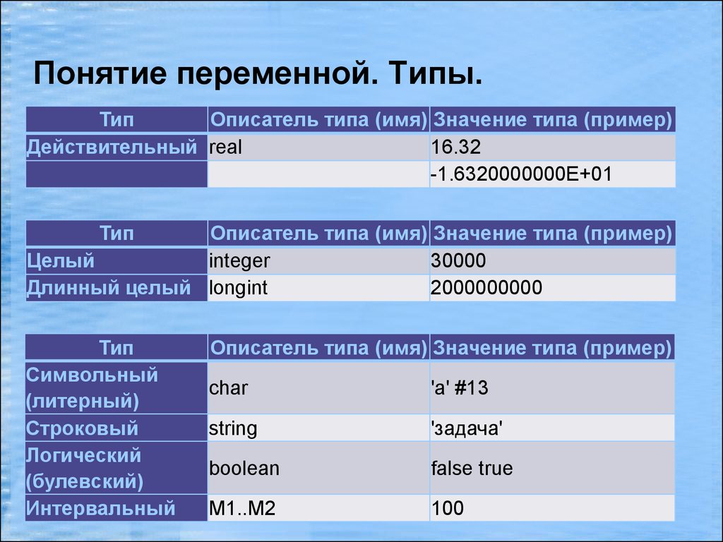 Виды переменных. Типы переменных. Основные типы переменных. Тип переменной. Типы переменных с примерами.