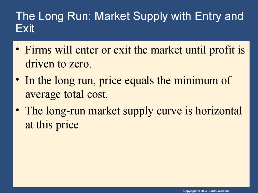 Run marketing. Exit in the long Run Supply. Can firms enter and exit the Market in the long Run?. .In the long-Run, firms exit the Market if profits are below Zero?. Supply with.