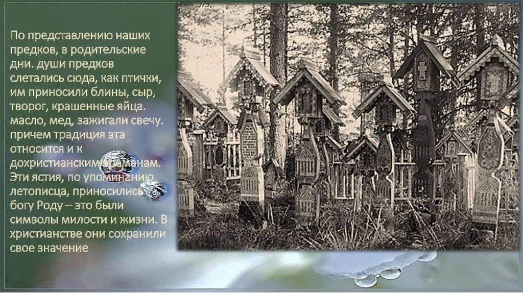 По представлению наших предков, в родительские дни. души предков слетались сюда, как птички, им приносили блины, сыр, творог, крашенные яйца.