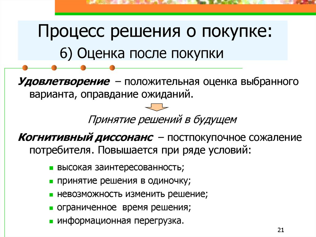 Положительная оценка. Диссонанс после принятия решения. Оценка покупки. Когнитивный диссонанс в маркетинге.