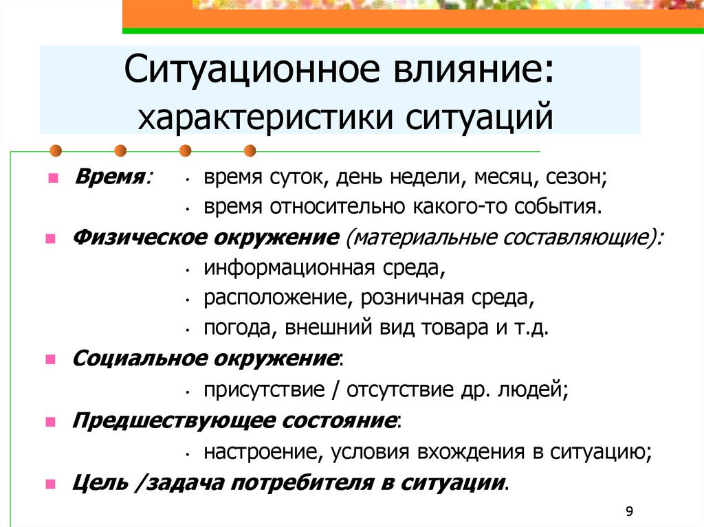 Время ситуации. Характеристики ситуации. Влияние на ситуацию. Ситуационных характеристик. Охарактеризовать ситуацию.