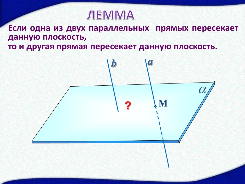 Если одна из двух параллельных. Если одна из двух параллельных прямых пересекает данную плоскость. Лемма если одна из двух параллельных прямых. Если одна из двух параллельных прямых параллельна данной плоскости. Если одна из двух параллельных прямых пересекает данную плоскость то.