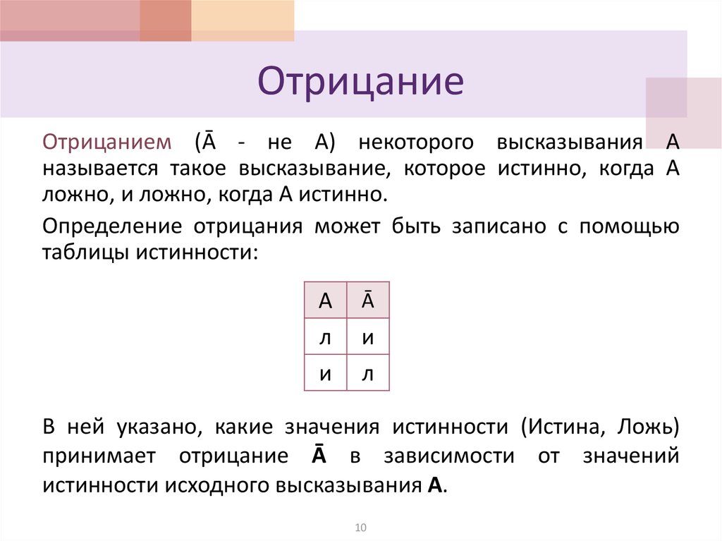 Истинность логических высказываний. Высказывание … Истинно, когда а ложно, и ложно, когда а истинно. Отрицанием высказывания а называется. Когда ложно отрицание выражения. Отрицанием высказывания а & - в v с будет высказывание:.