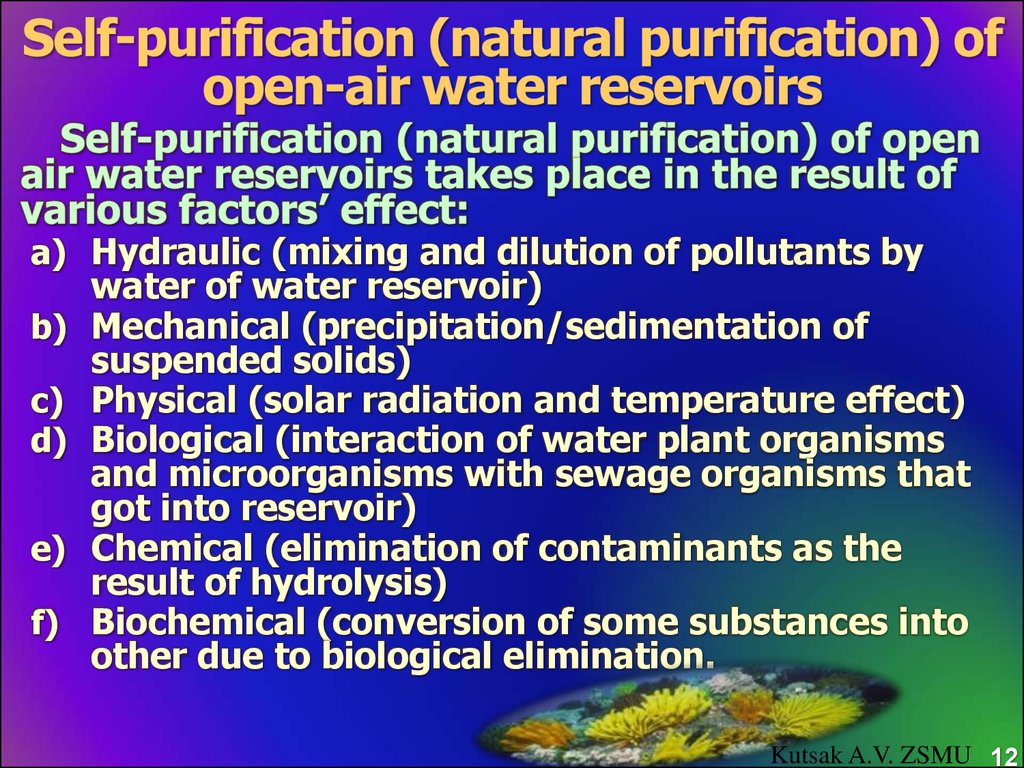 Self-purification (natural purification) of open-air water reservoirs