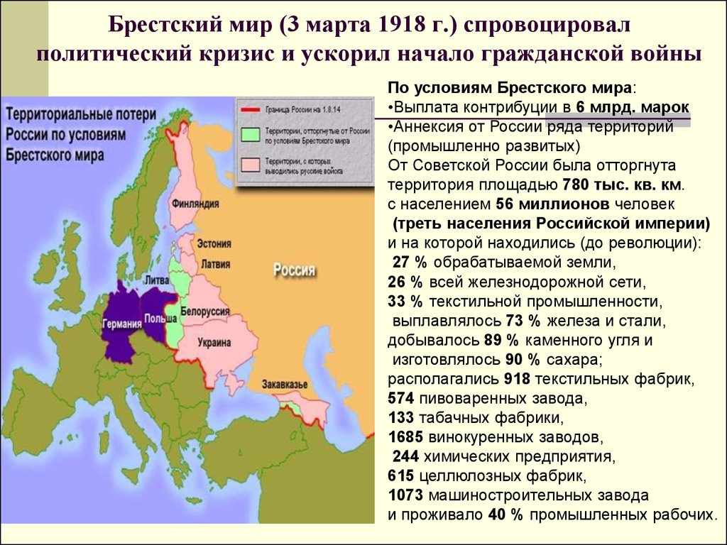 Брестский мир (3 марта 1918 г.) спровоцировал политический кризис и ускорил начало гражданской войны