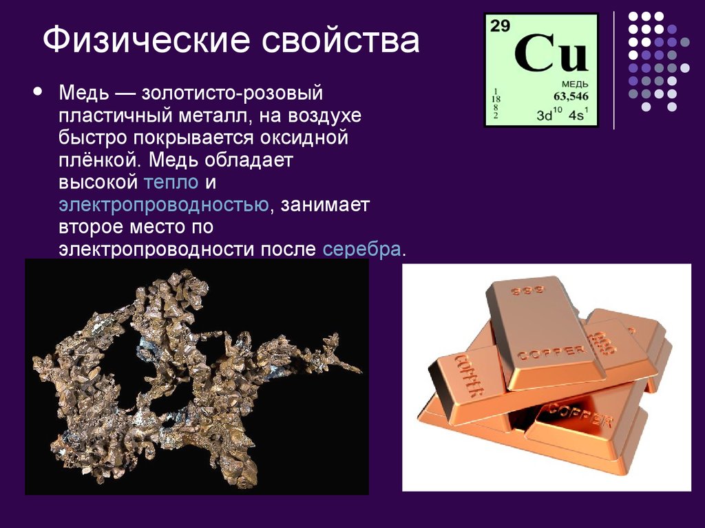 Доклад на тему металлы. Оксидная пленка меди. Характеристика физических свойств меди. Медь физические и химические свойства кратко. Химические свойства металлической меди.