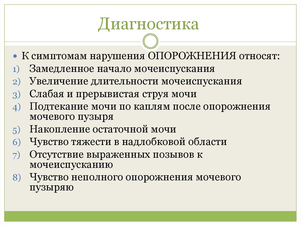 Чувство неполного опорожнения. К симптомам нарушенного мочеиспускания относятся:. Симптомы фазы опорожнения. Симптомы нарушения опорожнения мочевого пузыря.