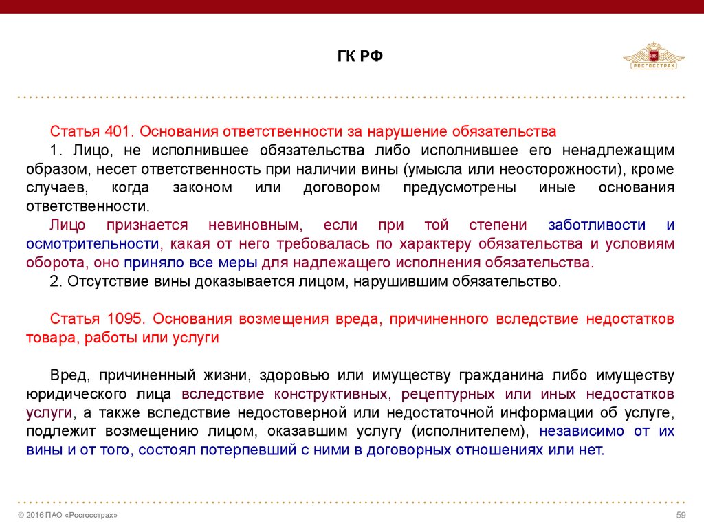 Лицо исполнившее обязательство ненадлежащим образом. Возмещение вреда, причиненного вследствие недостатков услуг. Статья 401. Вред вследствие недостатков товаров, работ или услуг. Основания ответственности за нарушение обязательства.