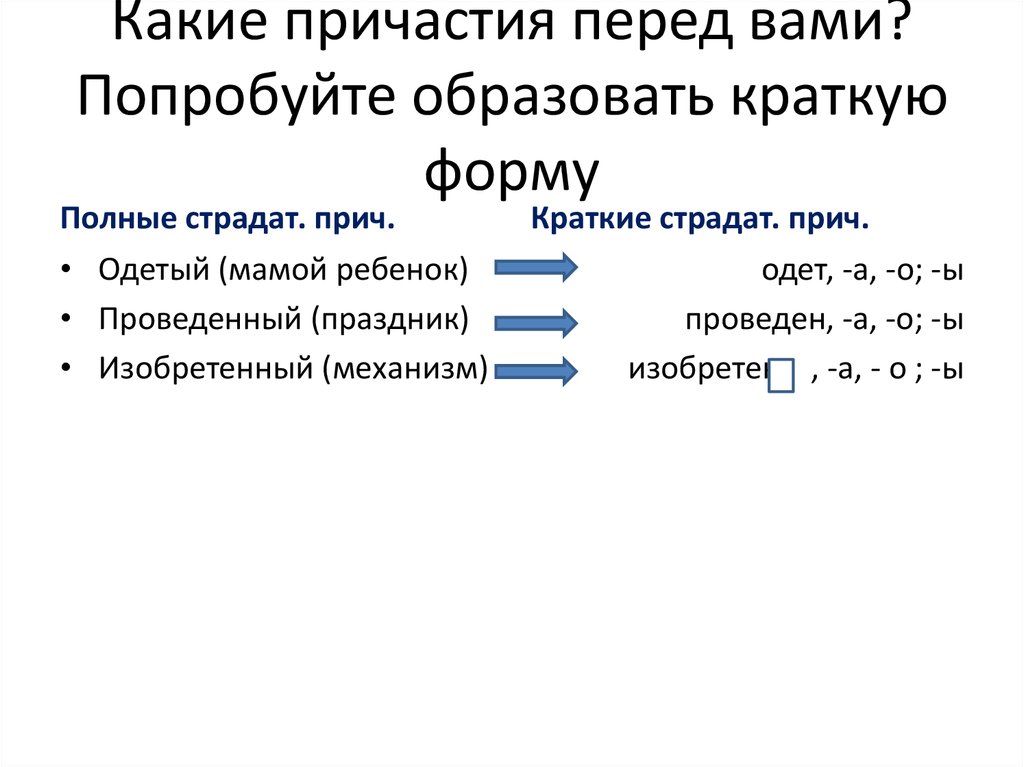 Полное причастие это. Образовать краткую форму причастий. Краткая форма причастия.