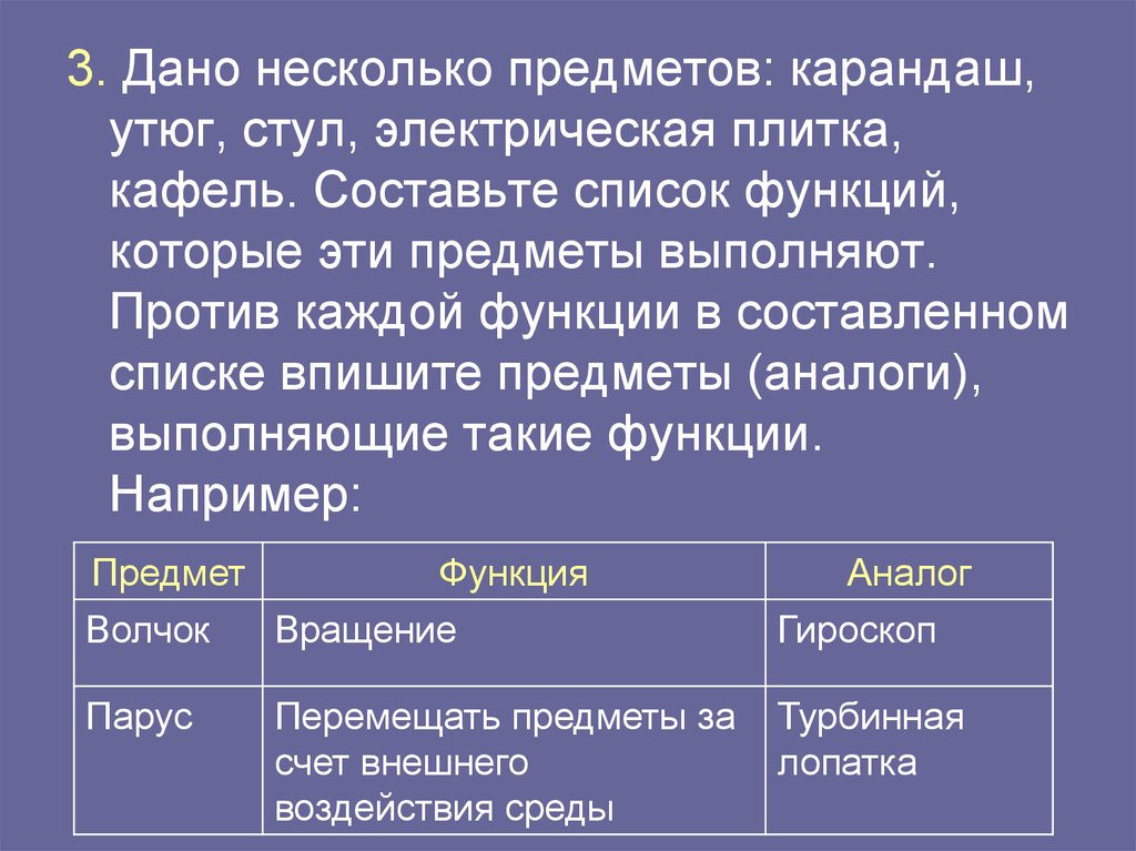 Список выполняемая функция. Дано несколько предметов карандаш утюг стул. Синектика стул. Обычный предмет выполняющий другую функцию.