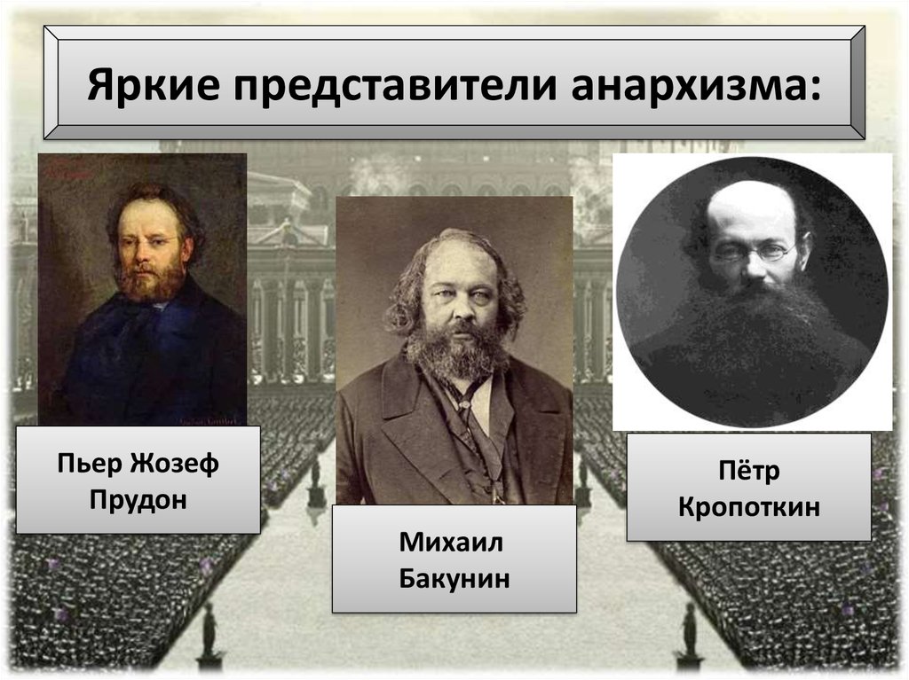 Яркие представители. Анархия Прудон Бакунин Кропоткин. Бакунин, Прудон, Кропоткин – это теоретики:. Представители анархизма 19 века. Представители Бакунин Кропоткин.