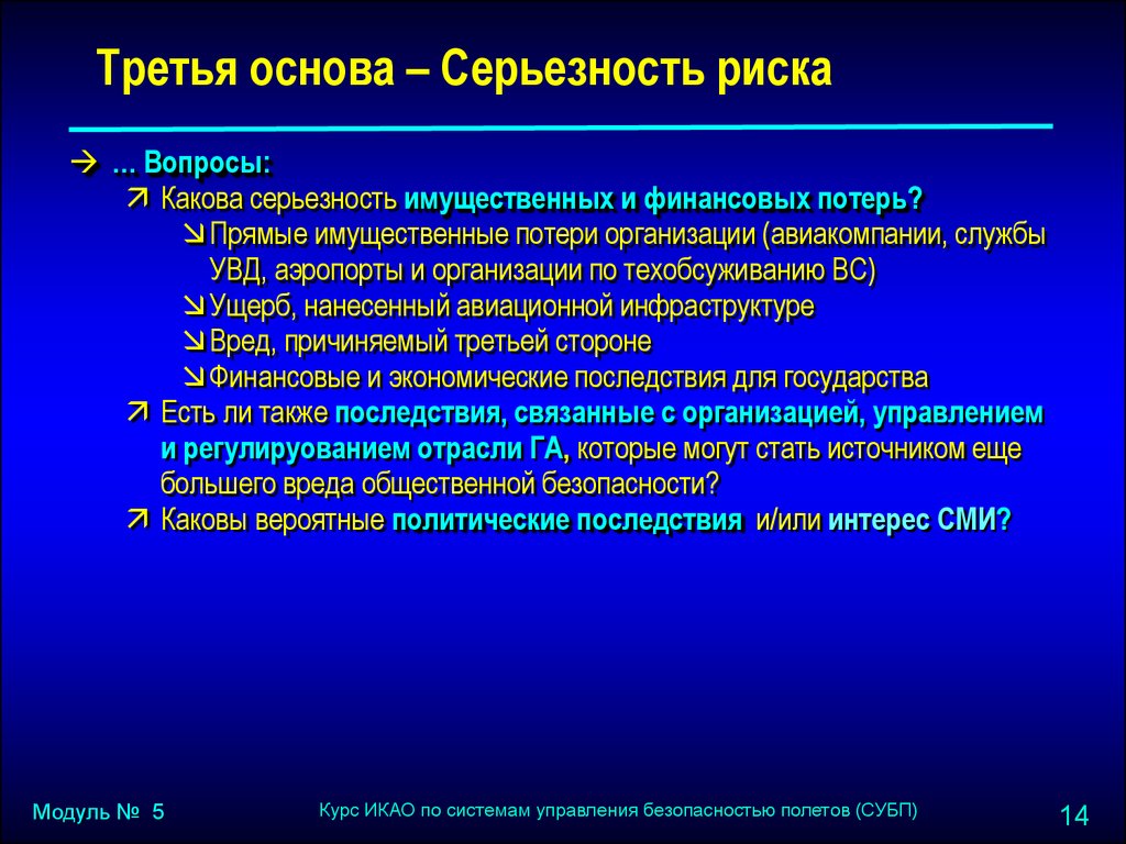 3 основы. Вопросы для риска. Степень серьезности факторов риска для безопасности полетов. Серьезность риска. Имущественные потери предприятия.