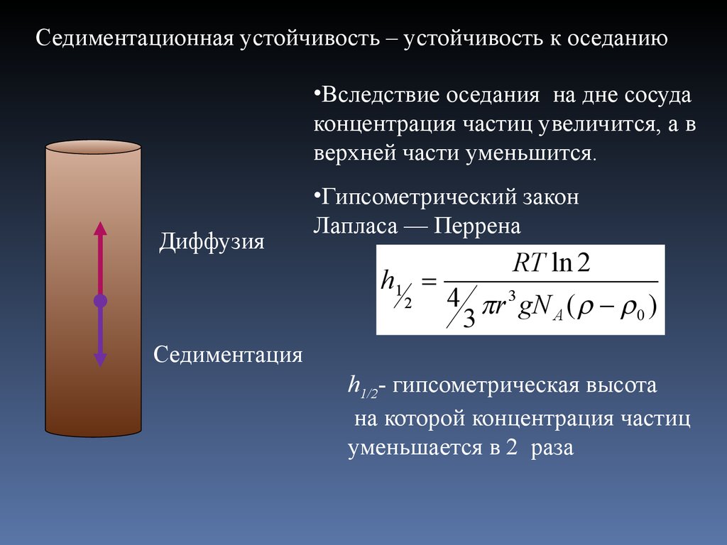 Скорость седиментации частиц. Гипсометрическая высота коллоидная химия. Гипсометрический закон Лапласа. Седиментационная устойчивость дисперсных систем. Гипсометрический закон.