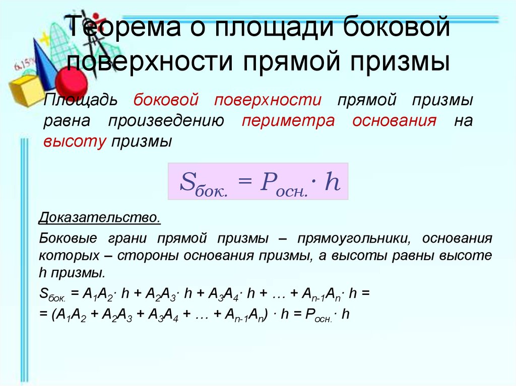 Площадь поверхности 1. Площадь боковой поверхности прямой Призмы равна доказательство. Доказательство теоремы о площади боковой поверхности прямой Призмы. Теорема о площади боковой поверхности прямой Призмы. Формула площади боковой поверхности наклонной Призмы прямой Призмы..