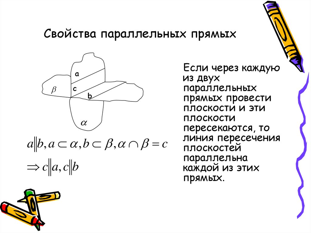 Свойства параллельных прямых. Свойства параллельных прямых 10 класс. Если через каждую из двух параллельных прямых проведена плоскость. Свойства параллельности прямых 10 класс. Если через каждую из двух параллельных прямых проведена плоскость, то.