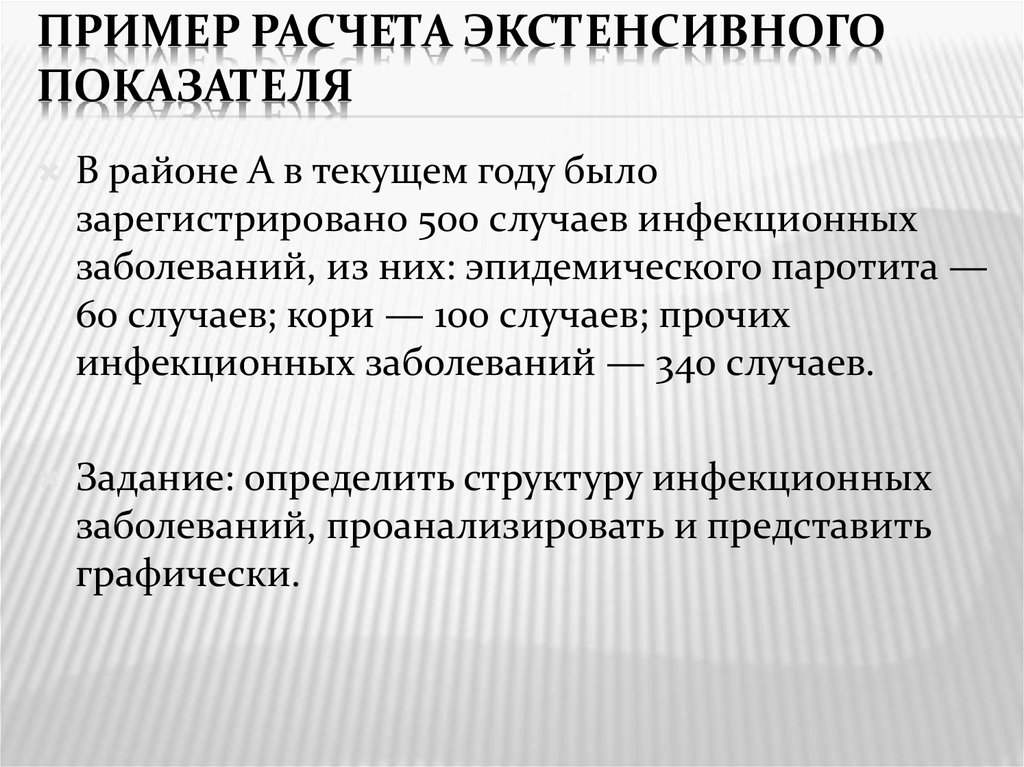 Интенсивный показатель заболеваемости рассчитывается на. Экстенсивный показатель пример. Экстенсивный коэффициент пример. Вычисления экстенсивного показателя. Пример экстенсивного показателя в медицине.