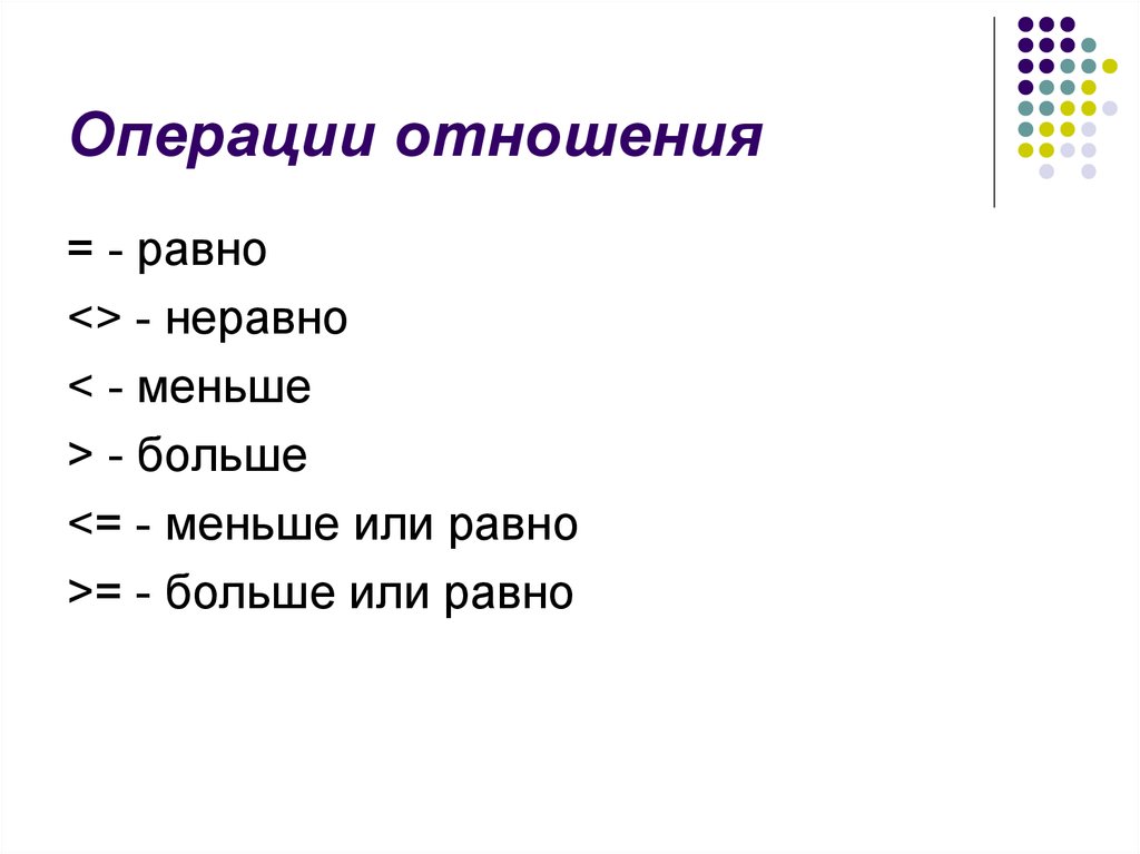 Основные операции отношений. Больше или равно в Паскале. Моделирование отношений равно неравно. Отношение равно.