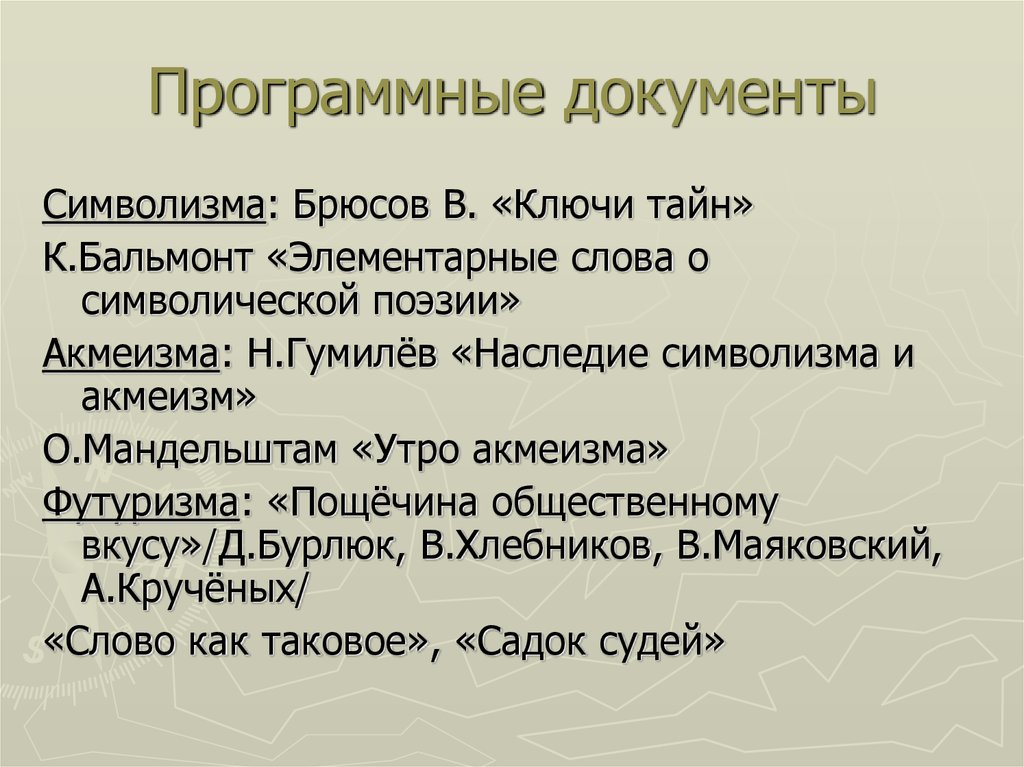 Программные документы. Символизм программный документ. Бальмонт элементарные слова о символической поэзии. Документы символизм. Элементарные слова.