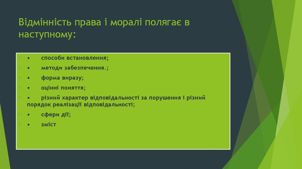 Відмінність права і моралі полягає в наступному: