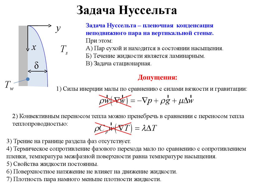 Стенка задачи. Теория Нуссельта пленочной конденсации. Задача Гретца-Нуссельта. Задачи на конденсацию. Формула Нуссельта для пленочной конденсации.