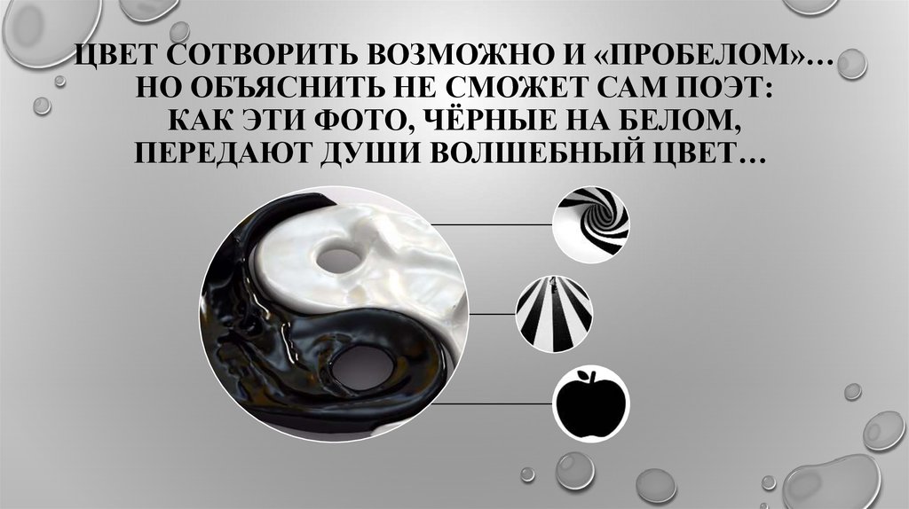 Цвет сотворить возможно и «пробелом»… Но объяснить не сможет сам поэт: Как эти фото, ЧЁРНЫЕ на БЕЛОМ, Передают Души волшебный ЦВЕТ… 