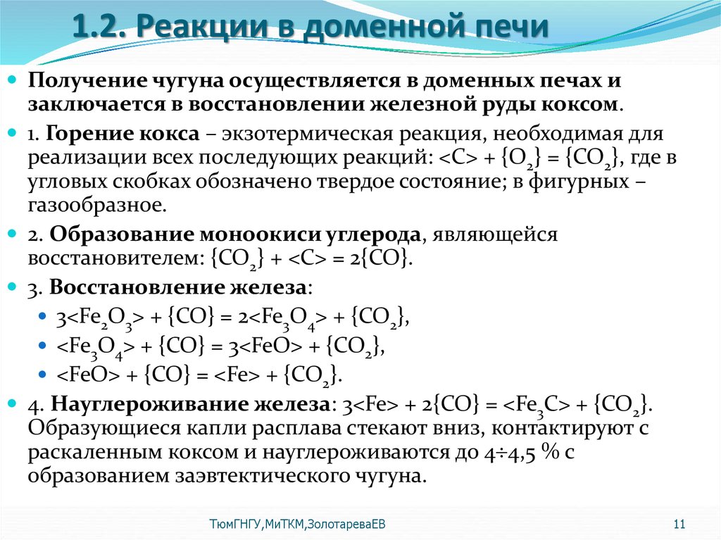 Схема восстановления железа в доменной печи