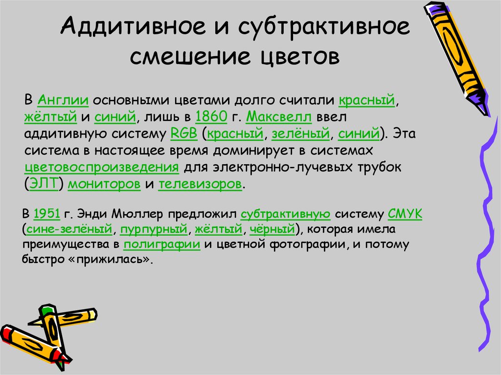 Аддитивное и субтрактивное смешение цветов презентация