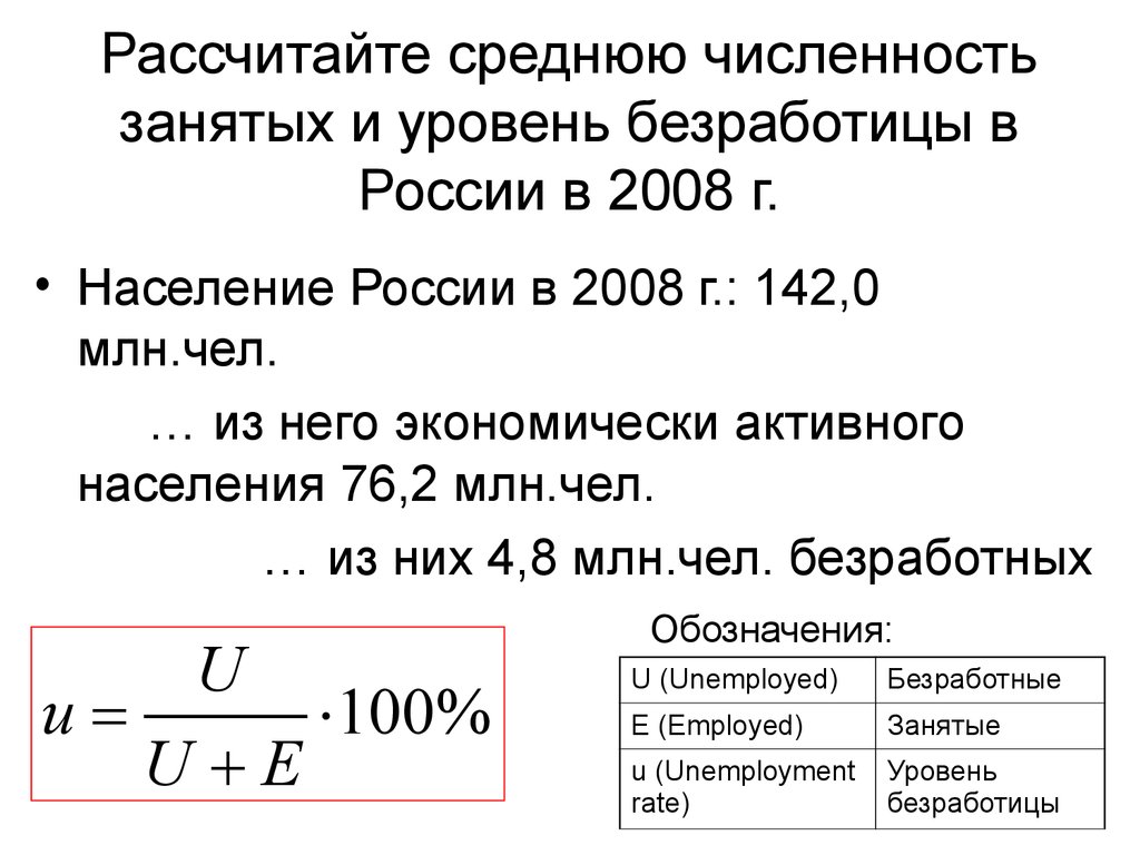 Уровень безработицы рабочая сила. Формула расчета безработицы. Рассчитать уровни общей и регистрируемой безработицы. Рассчитайте численность занятого населения. Численность занятых формула.