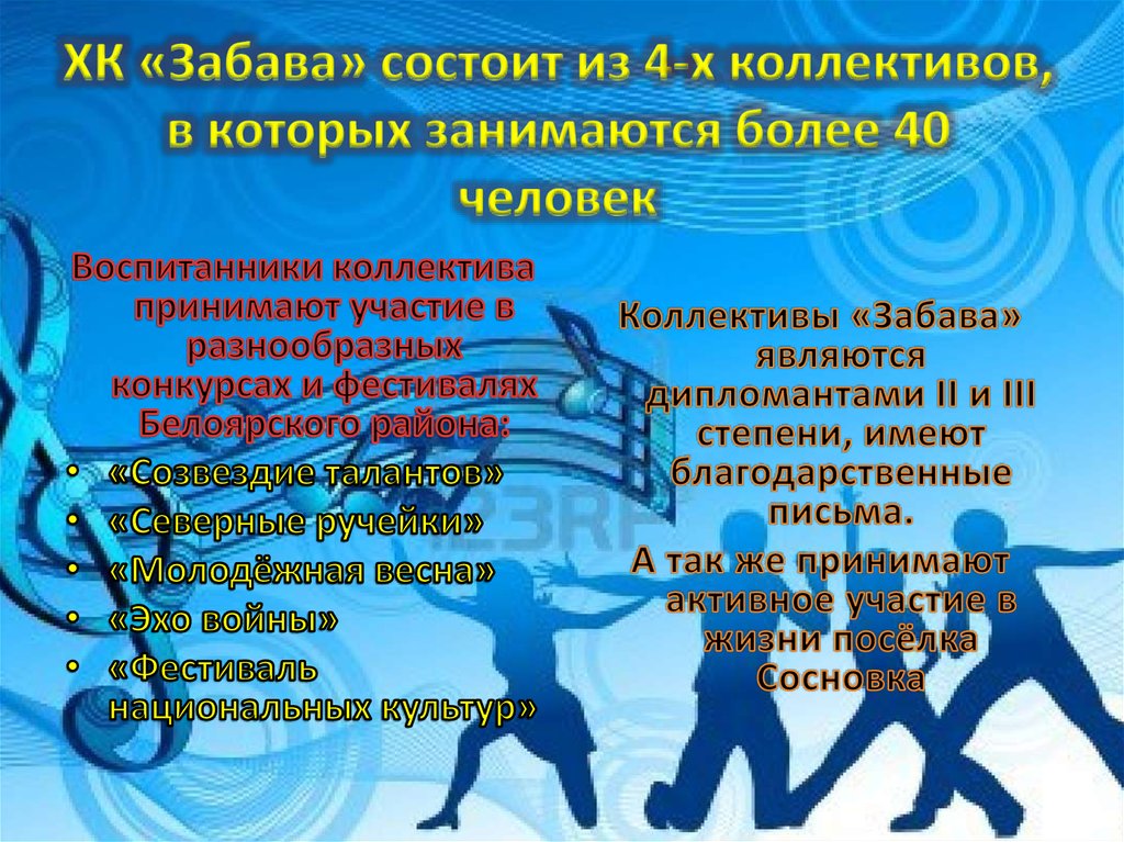 ХК «Забава» состоит из 4-х коллективов, в которых занимаются более 40 человек