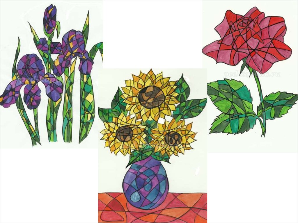 Разработка урока по изо. Рисунок на тему цветы. Изо цветы. Рисование цветов в технике витраж. Плоскостные полихромные композиции.