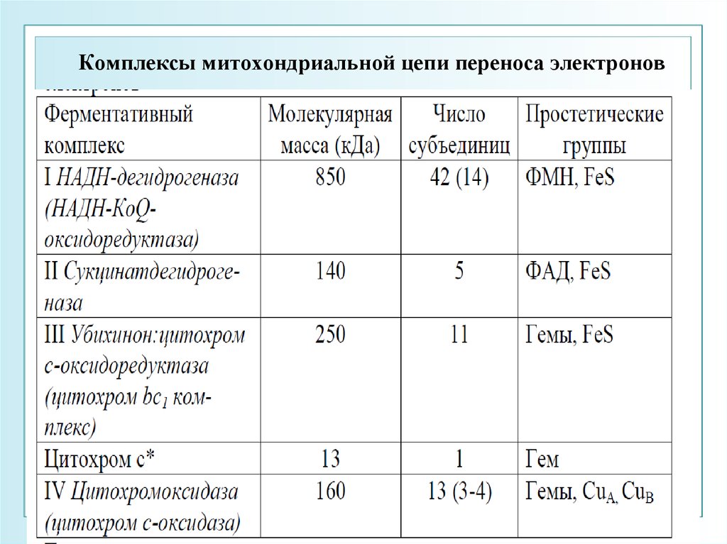 Комплексы таблица. Компоненты митохондриальной цепи переноса электронов таблица. Комплекс i цепи переноса электронов содержит. Компоненты митохондриальной цепи переноса электронов. Комплекс 4 цепи переноса электронов содержит.