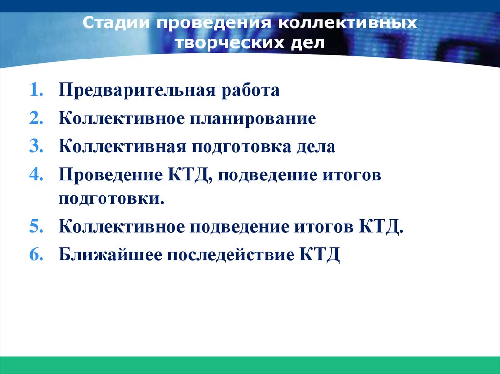 Подготовка и организация коллективных творческих дел. Последействие КТД. Этапы проведения КТД. Этапы осуществления КТД. Коллективное подведение итогов КТД.