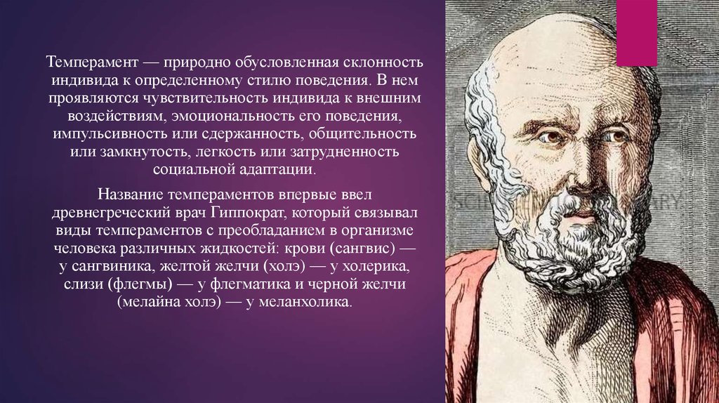 Естественно обусловленный. Название темпераментов впервые ввел. Склонность к определенному стилю поведения. Сангвис флегма Холэ мелайна Холэ.