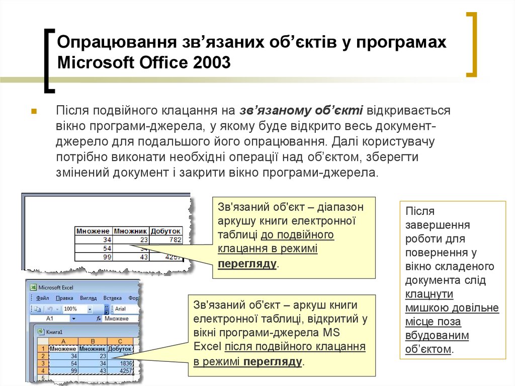 Опрацювання зв’язаних об’єктів у програмах Microsoft Office 2003