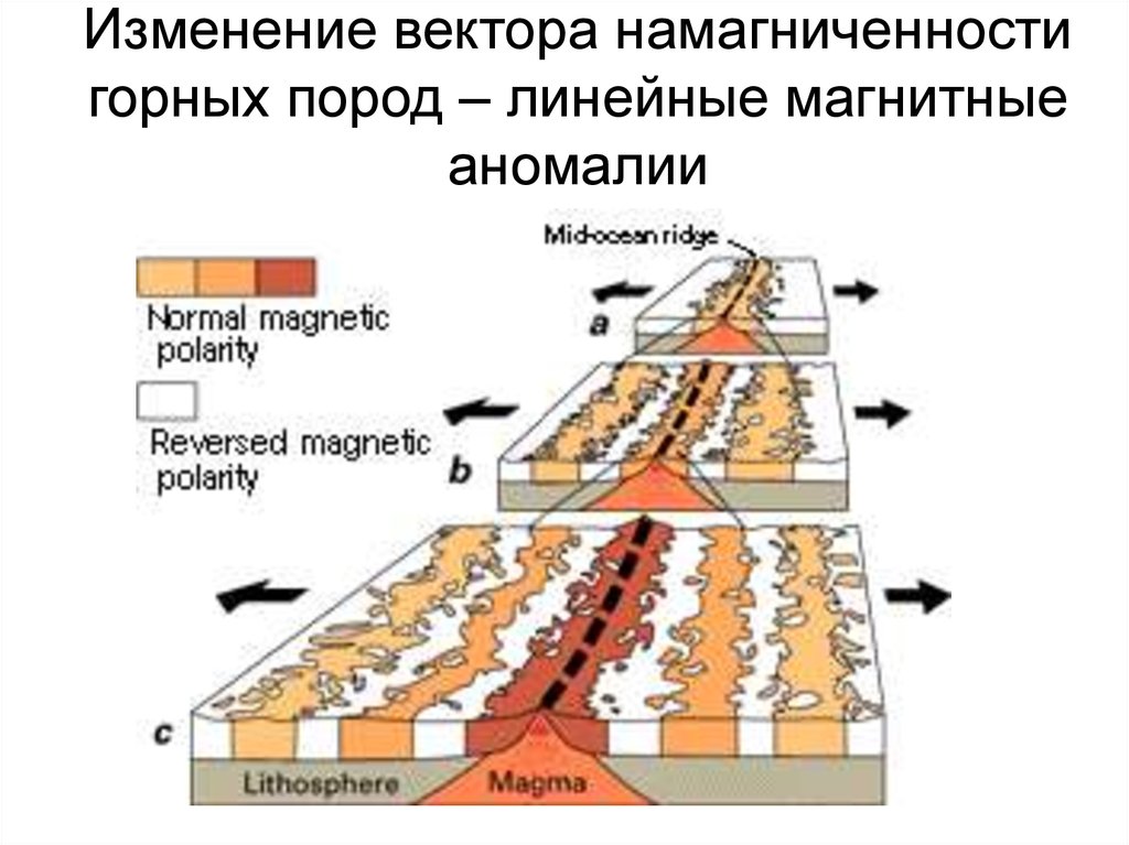 Изменение вектора намагниченности горных пород – линейные магнитные аномалии