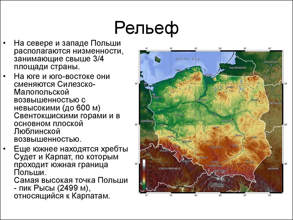 Равнины расположены на севере и западе. Рельеф Польши карта. Польская низменность. Рельефная карта Польши. Польша рельеф и полезные ископаемые.