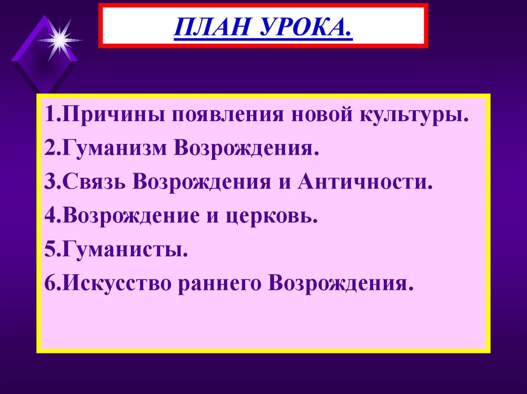 План урока культура раннего возрождения в италии 6 класс