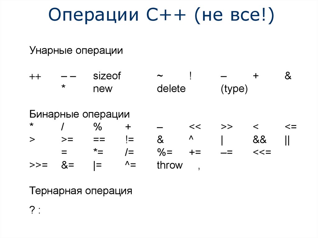 Основные операции c. Унарные операции с++. Унарные бинарные и тернарные операции. Унарная и бинарная операции с++. Унарные бинарные тернарные операции c++.