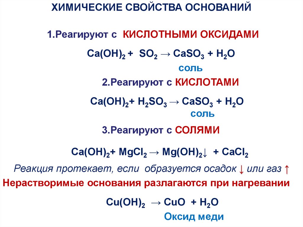 Какие оксиды взаимодействуют с основаниями. Химические свойства оснований взаимодействие с солями. Химические реакции соединения с кислотами. Химические свойства соединения взаимодействуют с. Химические свойства оснований с кем реагирует.