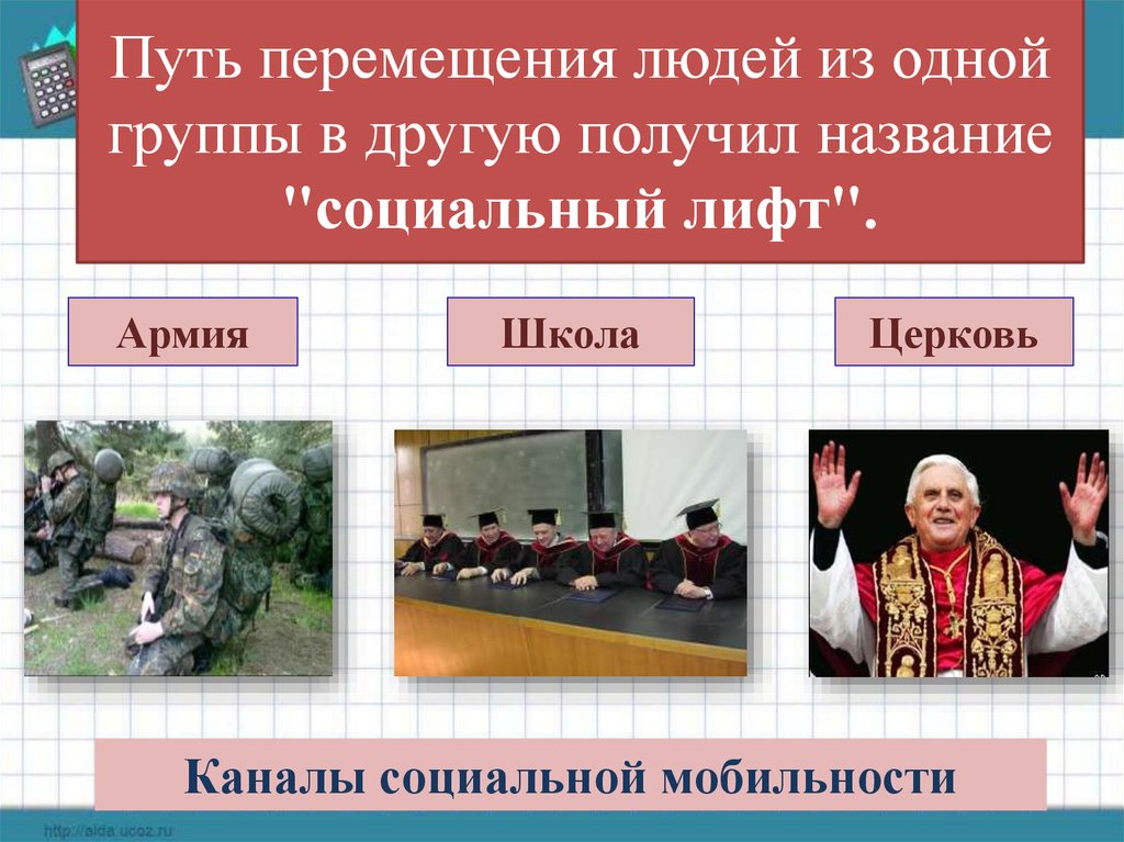 Организованной мобильностью называют перемещения человека. Пути перемещения людей из одной социальной группы в другую. Церковь и армия каналы социальной мобильности. Каналы социальных перемещений. Перемещение человека или социальной группы по каналам.