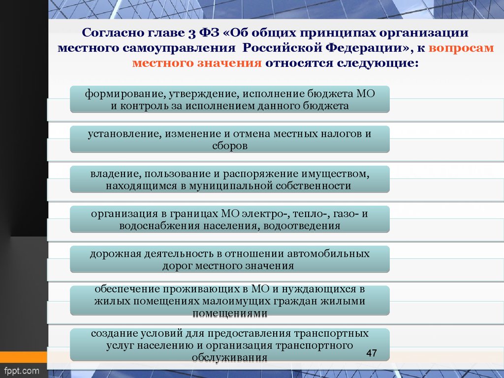 Согласно главе 3 ФЗ «Об общих принципах организации местного самоуправления Российской Федерации», к вопросам местного значения относятс