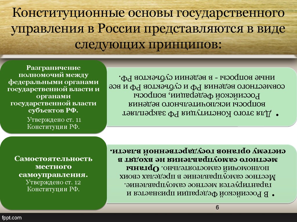 Конституционные основы государственного управления в России представляются в виде следующих принципов: