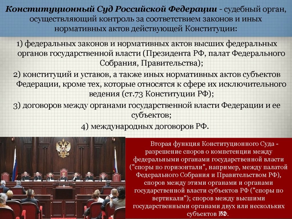 Конституционный Суд Российской Федерации - судебный орган, осуществляющий контроль за соответствием законов и иных нормативных актов дей