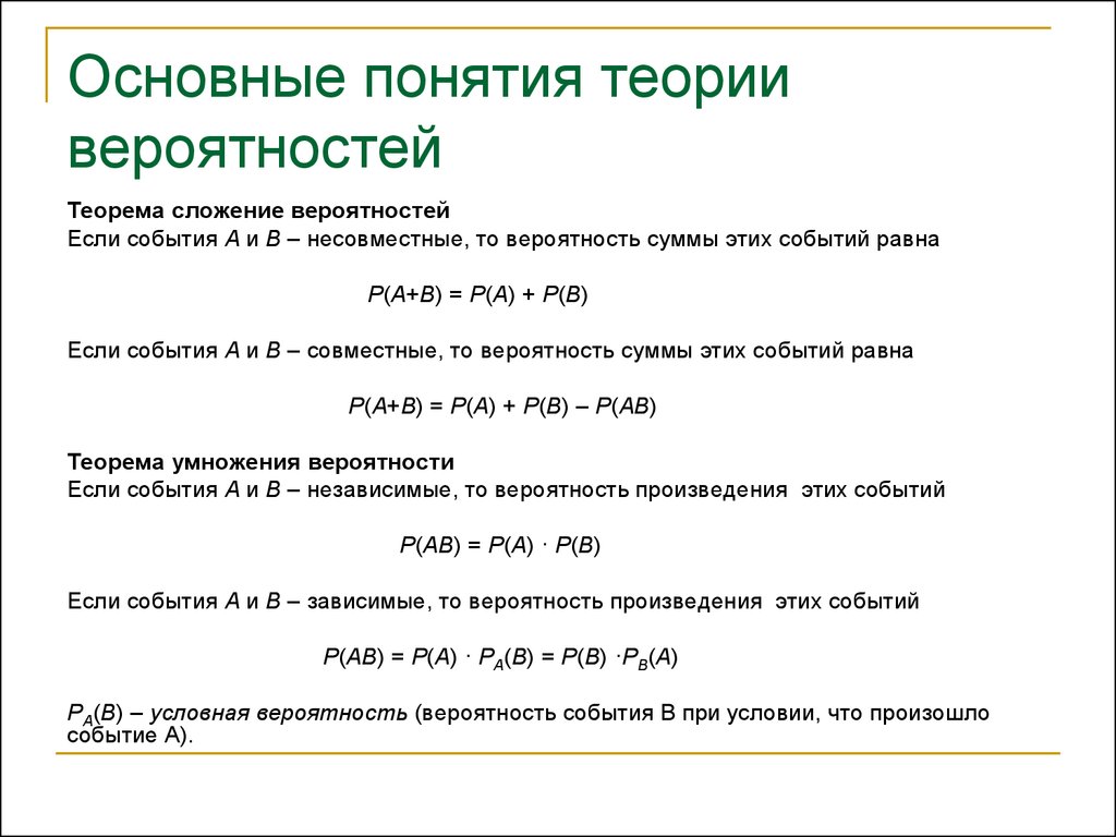 Основные понятия предмета. Теория вероятностей основные определения событий. Основные понятия и теоремы теории вероятностей.